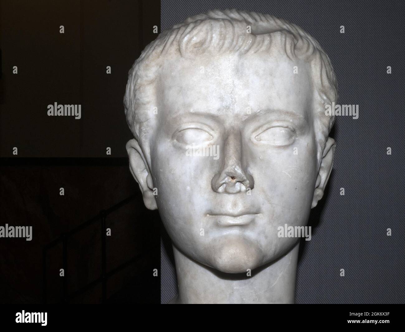 Tiberius old roman marble statue detail Stock Photo - Alamy