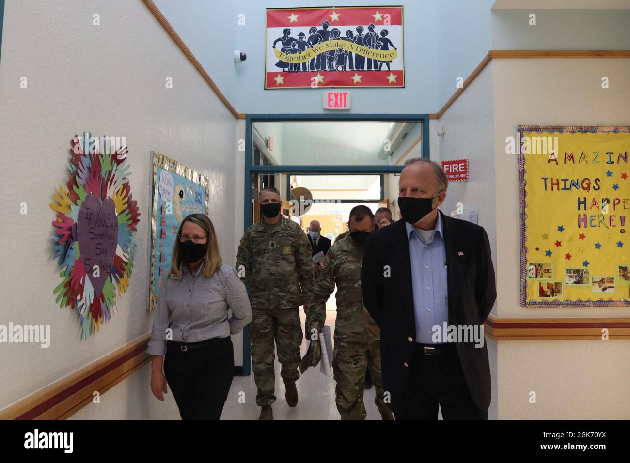 Jack Surash, Acting Assistant Secretary of the Army for Installations, Energy and Environment, walks through the School Age Center to see how the facility was affected during Winter Storm Uri during his visit to Fort Sill Aug. 18-20. Stock Photo