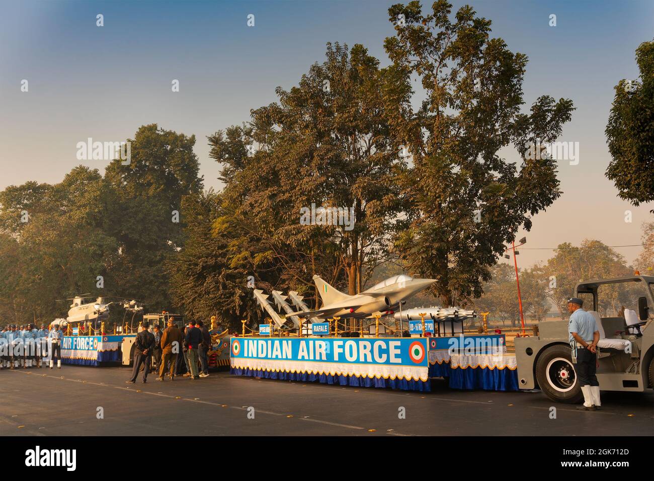 Kolkata, West Bengal, India - 23rd January 2018 : Indian air force displaying Rafale fighter jet and UB 32 A rocket pod at march past. Stock Photo