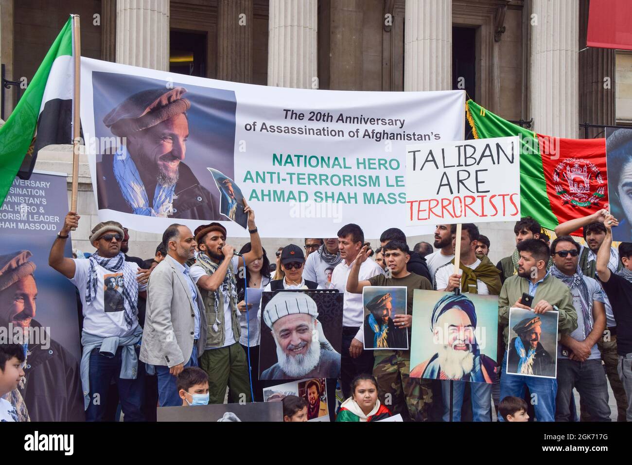 London, United Kingdom. 12th September 2021. Demonstrators gathered in Trafalgar Square on the 20th anniversary of the assassination of opposition commander Ahmad Shah Massoud, in protest against the Taliban takeover and to call on the UK and the international community to help Afghanistan. Stock Photo