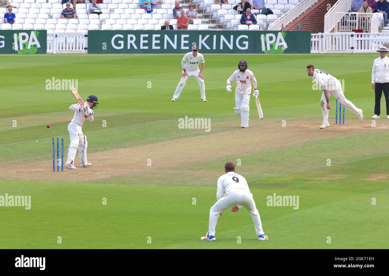 13 September 2021. London, UK. Adam Wheater of Essex is bowled by Reece Topley as Surrey take on Essex in the County Championship at the Kia Oval, day two. David Rowe/Alamy Live News Stock Photo