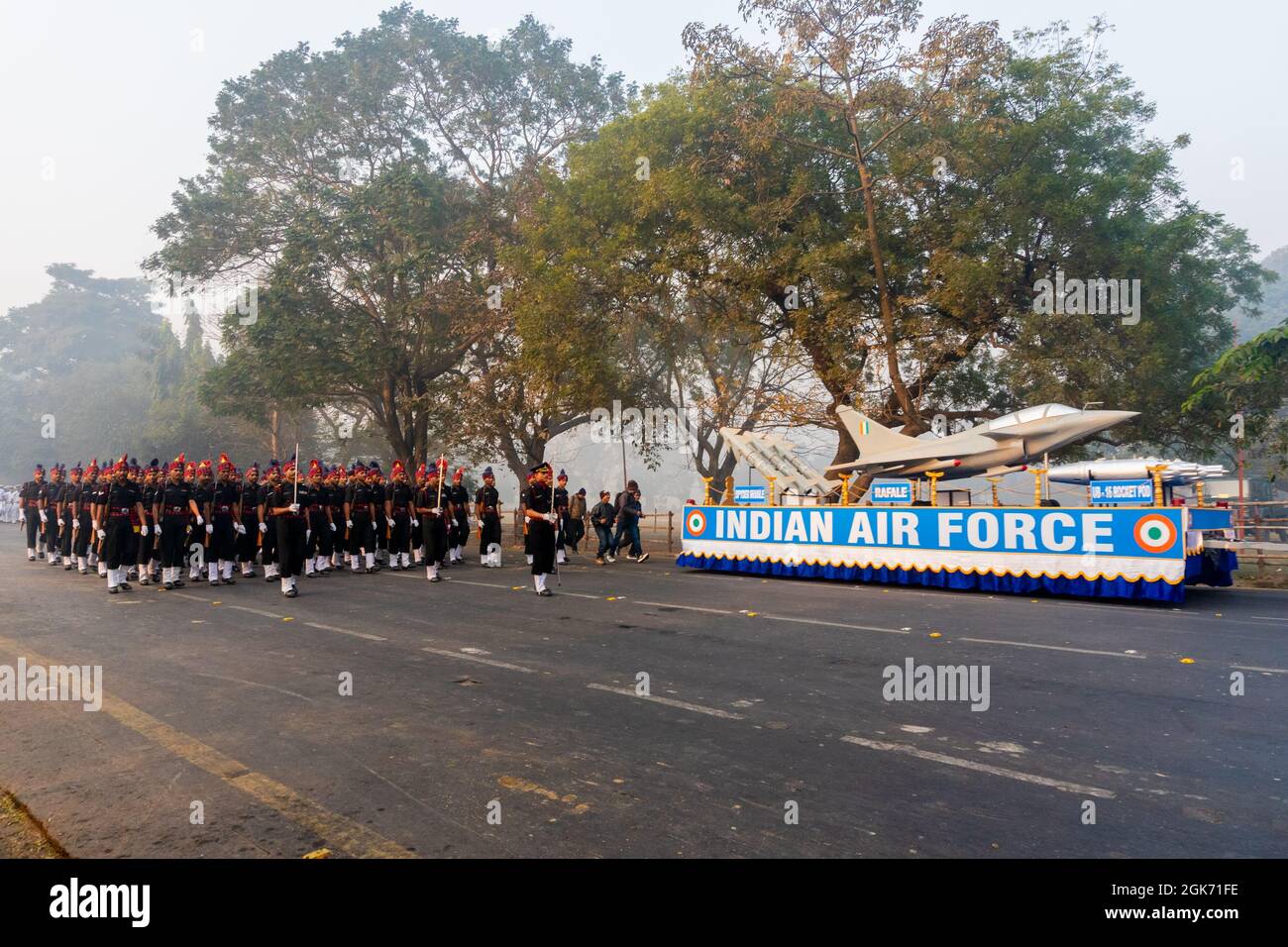 RED ROAD, KOLKATA, WEST BENGAL / INDIA - 21ST JANUARY 2018 : Indian air force displaying chinook helicopter and UB 32 A rocket pod at march past. Marc Stock Photo