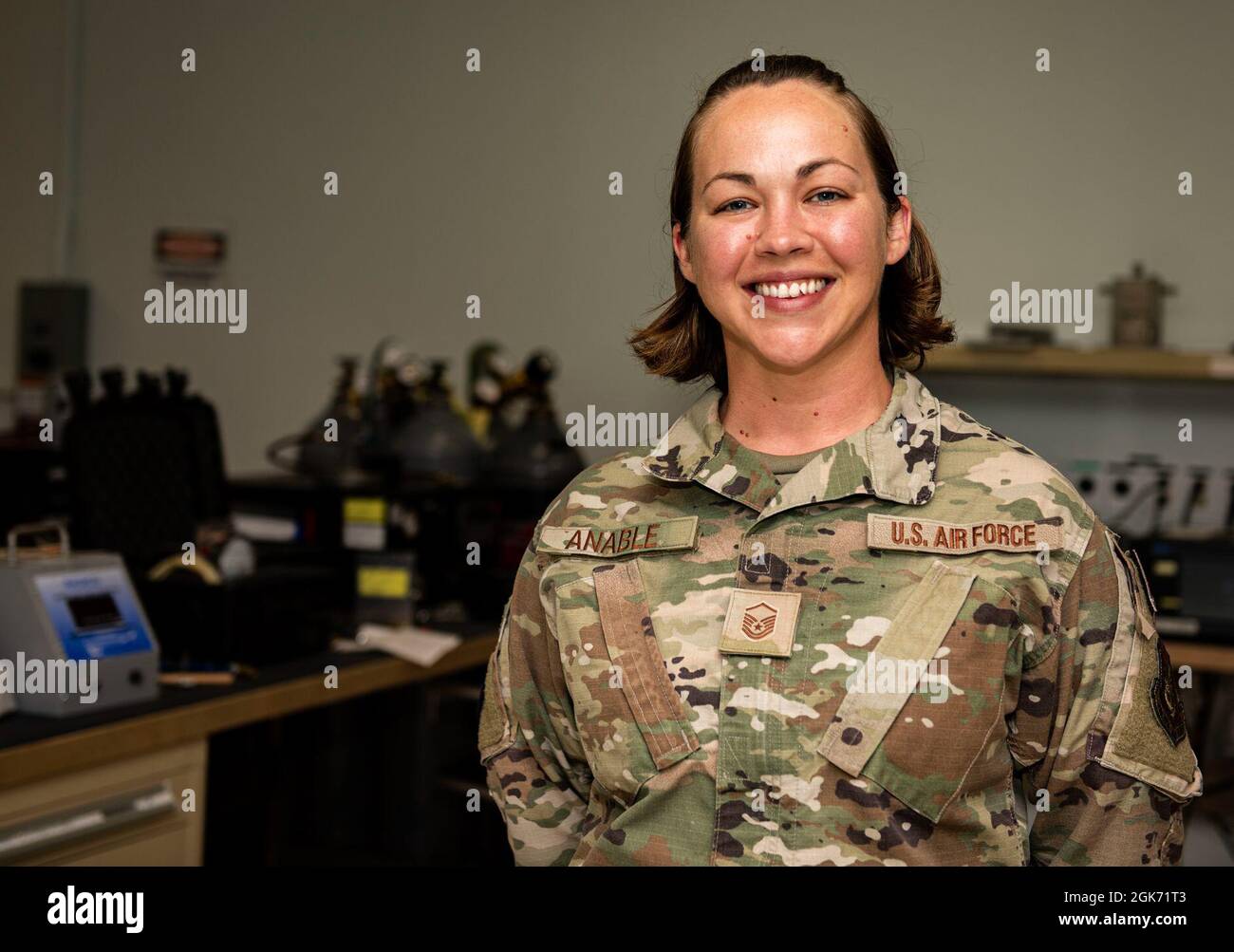 U.S. Air Force Master Sgt. Christina Anable, 8th Precision Equipment  Laboratory flight chief, poses for a photo at Kunsan Air Base, Republic of  Korea, Aug 19, 2021. "I look up to all