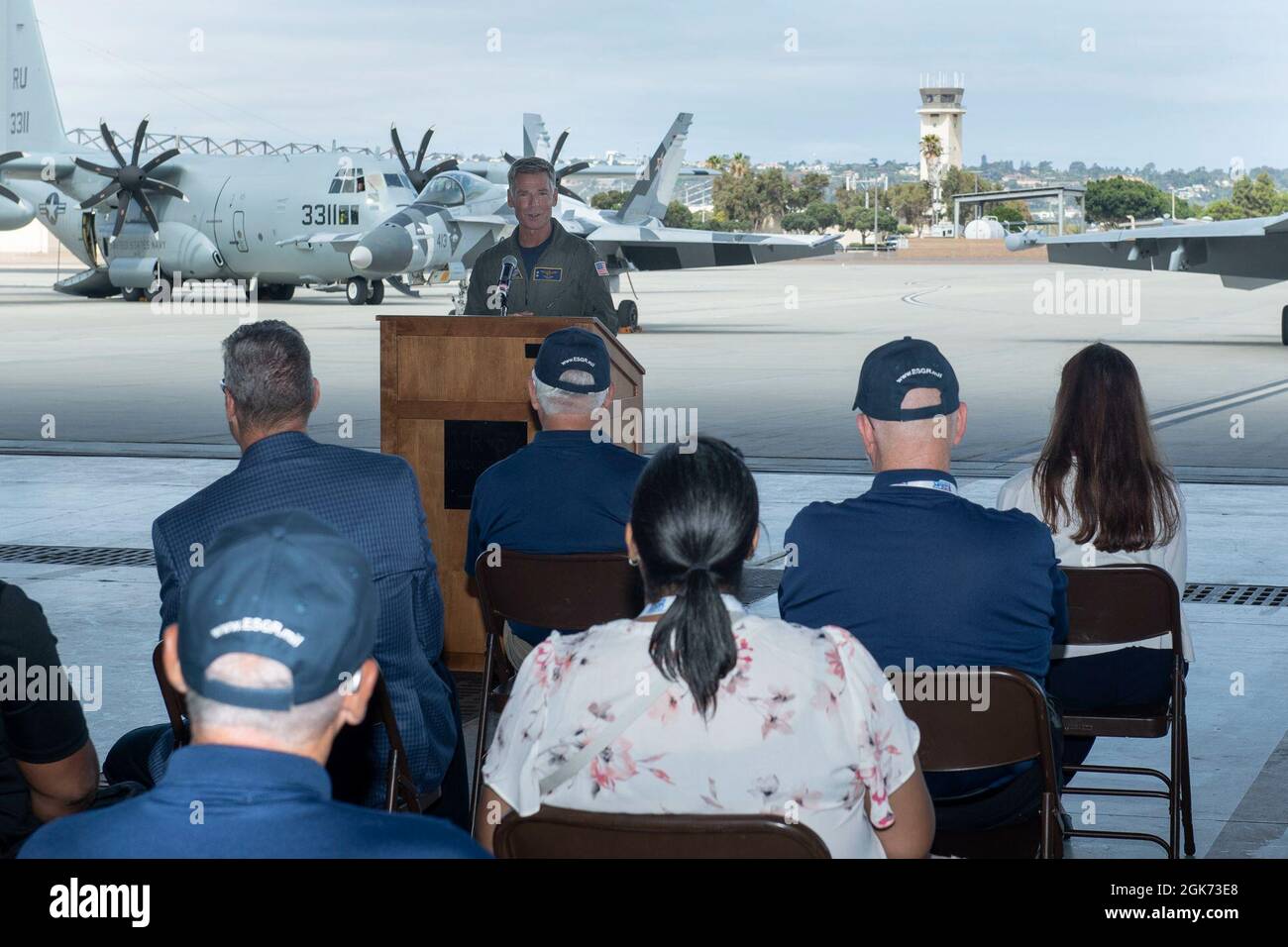 CORONADO, Calif. (Aug. 20, 2021) Rear Adm. Scott Jones, Commander, Naval Air Force Reserves speaks to Employers during the Navy Employers Recognition Event (NERE) at Naval Air Station North Island, August 20, 2021. Selected employers were nominated by their Navy Reserve employees for supporting their service and especially mobilization for the nation’s response to the COVID-19 pandemic, and invited to attend the one-day event that includes a tour of Midway, a static display of aircraft at Fleet Logistics Support Squadron (VR) 57, an equipment display by Maritime Expeditionary Security Squadron Stock Photo