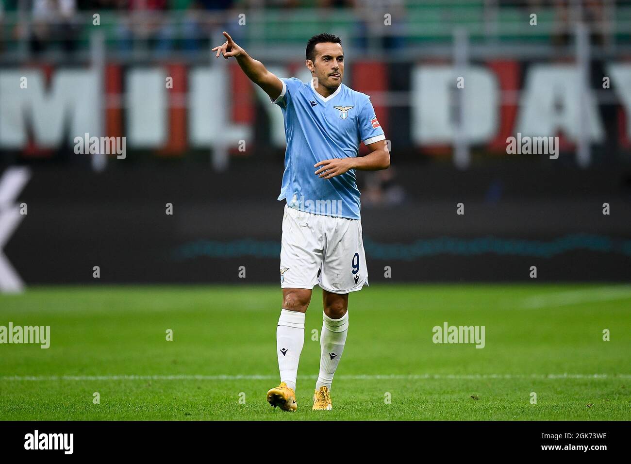 Milan, Italy. 12 September 2021. Pedro Eliezer Rodriguez Ledesma of SS Lazio gestures during the Serie A football match between AC Milan and SS Lazio. Credit: Nicolò Campo/Alamy Live News Stock Photo