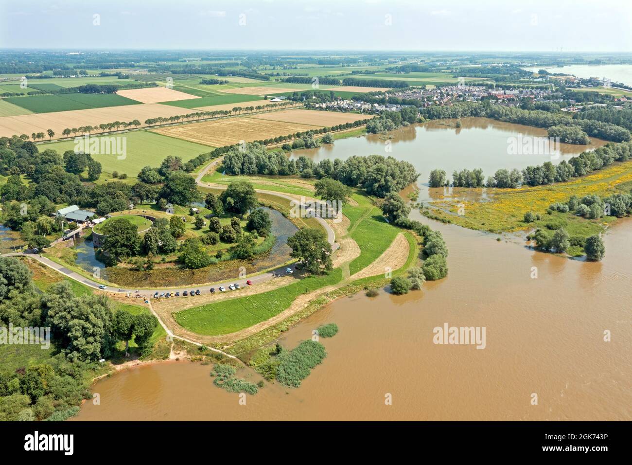 Aerial view from Fort Vuren near Woudrichem in the Netherlands in a flooded landscape Stock Photo