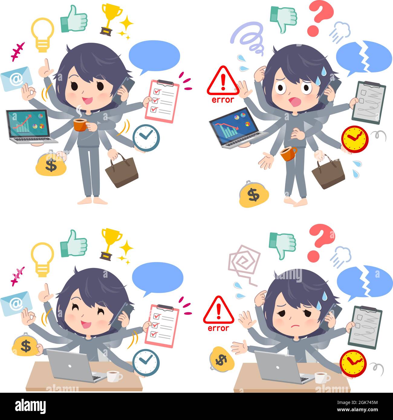 A set of NEET women who perform multitasking in the office.It's vector art so easy to edit. Stock Vector