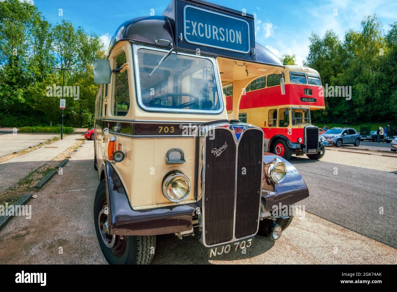 Charabanc outing. A classic old excursion tour bus, Winchester, UK, Stock Photo