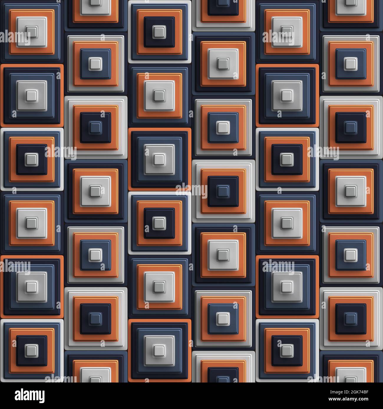 Multicolored geometric composition of concentric 3D cubes in orange and blue. Retro style. Seamless repeating pattern. Stock Photo