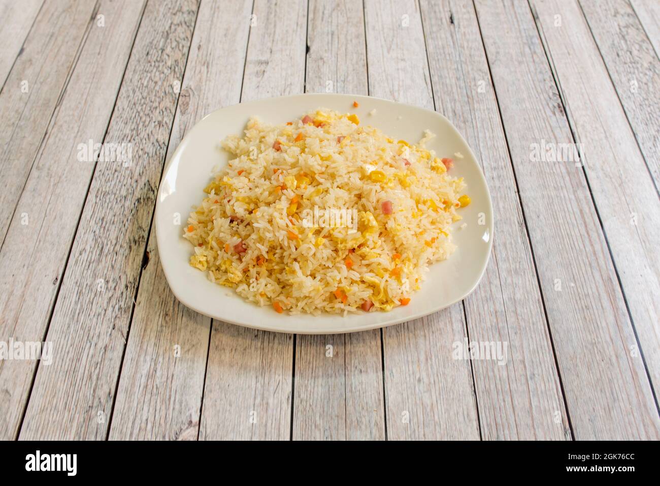 three delights rice made in a chinese restaurant on white table Stock Photo