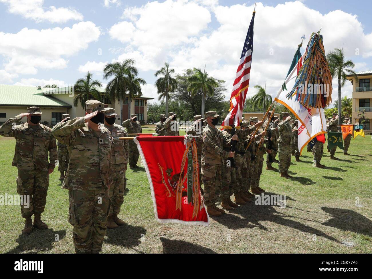 U.S. Army Reserve soldiers from the 303rd Maneuver Enhancement Brigade present arms on August 22 2021, at Fort Shafter Flats in Honolulu.  The 303rd MEB provides Mission Command for Maneuver Support elements in order to ensure freedom of action, mobility, protection and sustainability to supported forces within our assigned area of responsibility. Stock Photo