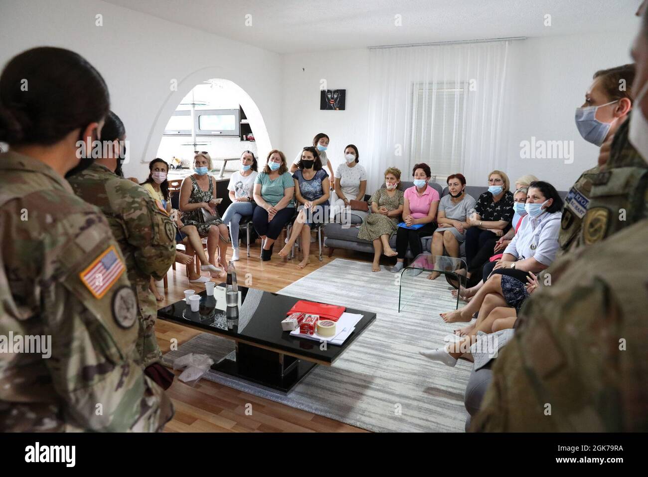 U.S. Army soldiers from Task Force Medical of KFOR Regional Command-East and other supporting units partnered with Non-Government Organization Woman 4 Woman (W4W) to lead an infant and child CPR familiarization session for local women in Gjilan, Kosovo, August 23, 2021. Stock Photo