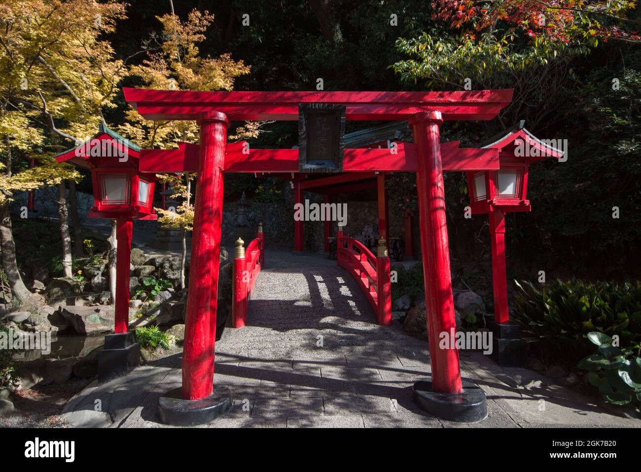 A, traditional, Japanese, bridge, hidden, amongst, Autumnal, foliage, Beppu, Japan, autumn, oita prefecture, colours, Stock Photo