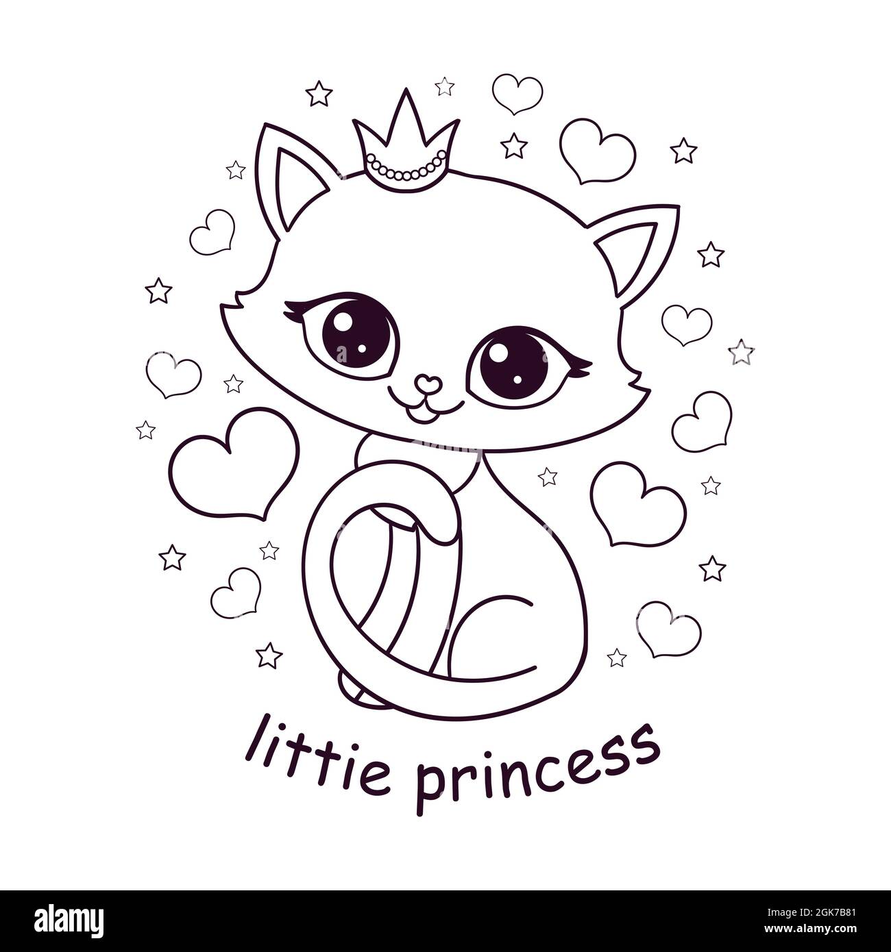 Cute little kitten wearing a crown. Black and white, linear drawing. Vector Stock Vector