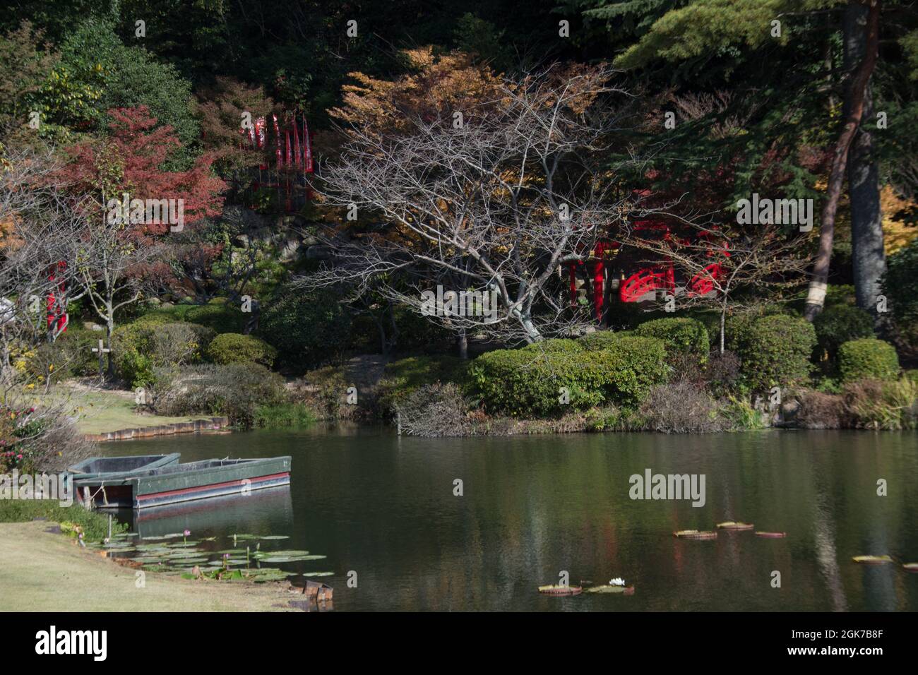 Autumnal colours reflected in a lake in Beppu, Oita Prefecture, Japan Stock Photo