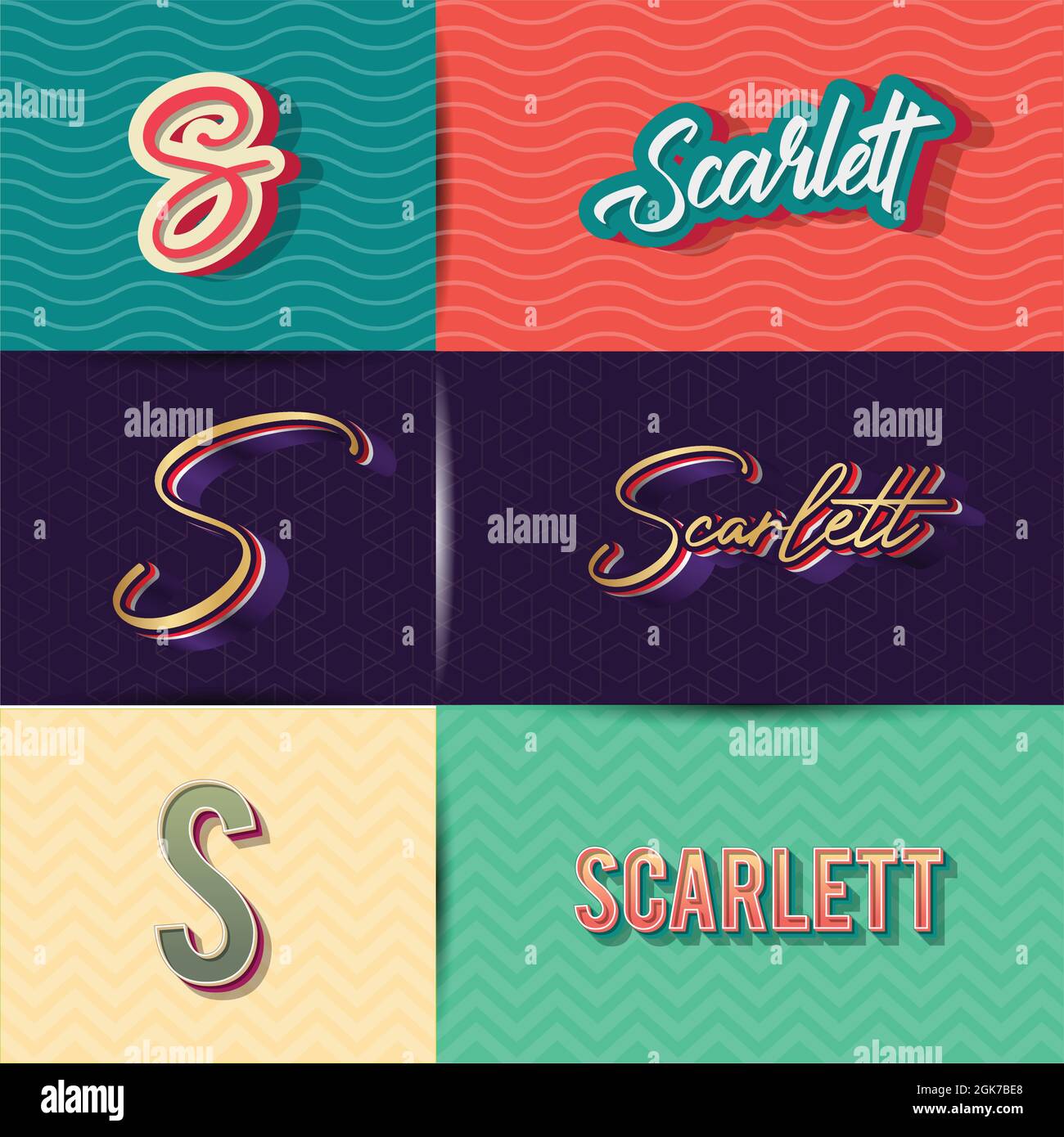 name Scarlet in various Retro graphic design elements, set of vector