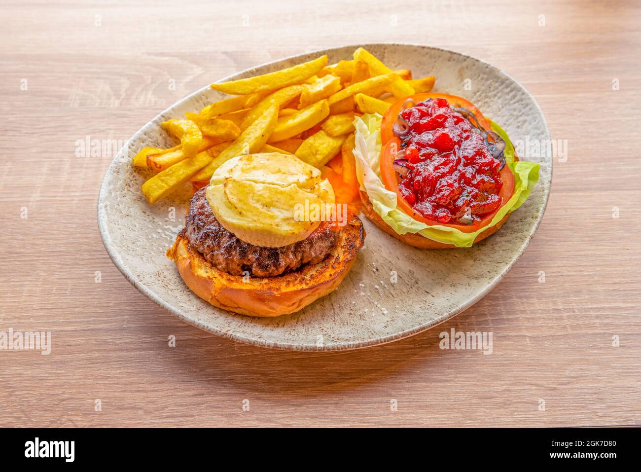 Burgers menu with veal, fried goat cheese, grilled brioche bread and