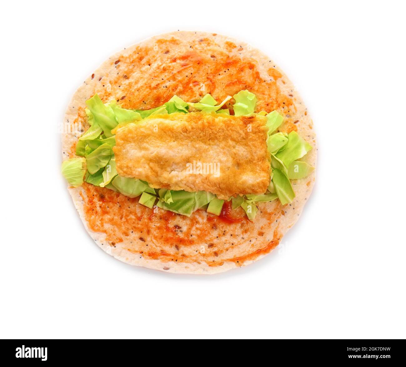 Tasty taco with fried fish fillet on white background Stock Photo - Alamy