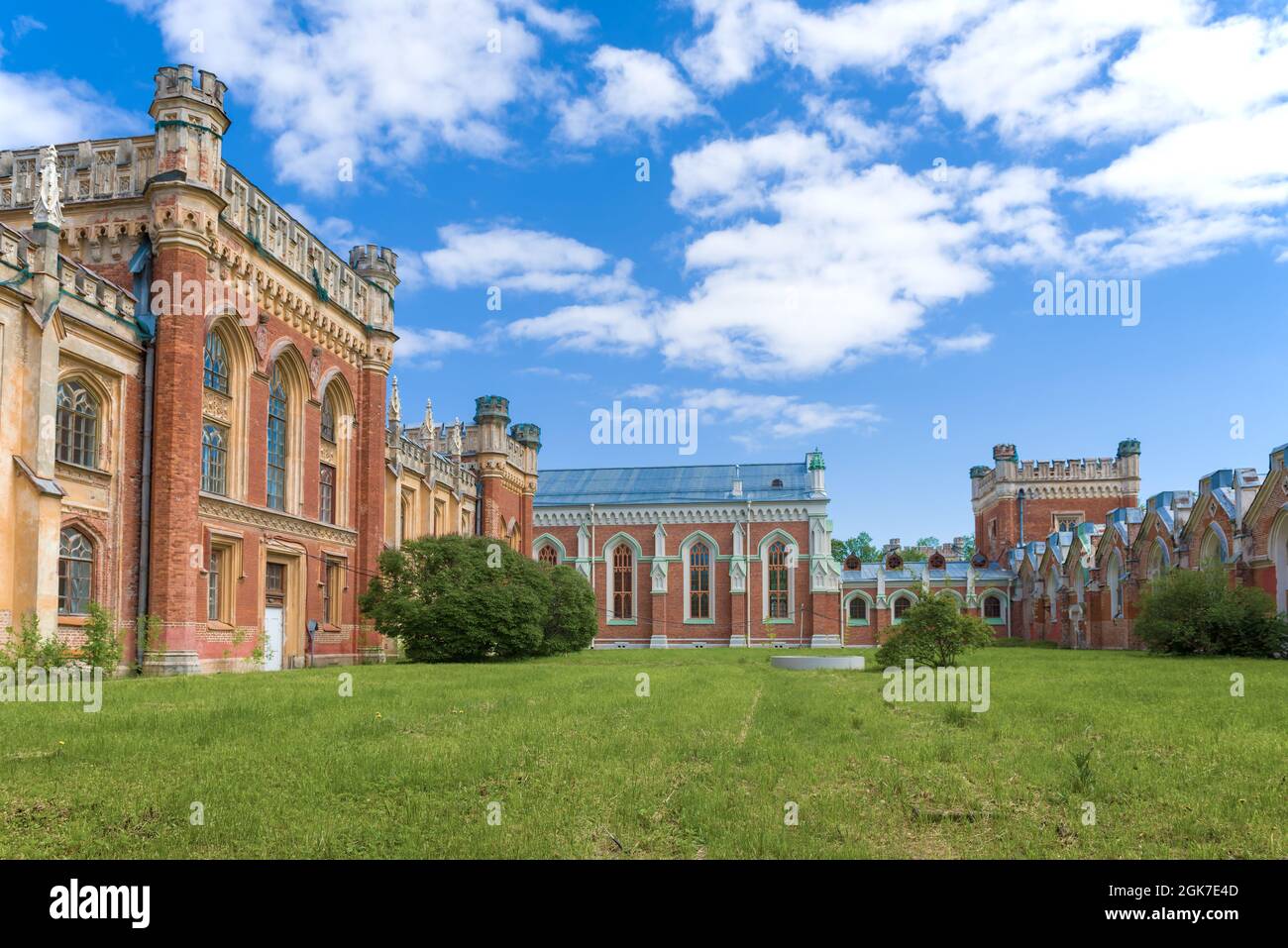 PETRODVORETS, RUSSIA - MAY 29, 2021: In the territory of the old Gothic imperial stables on a sunny May day Stock Photo