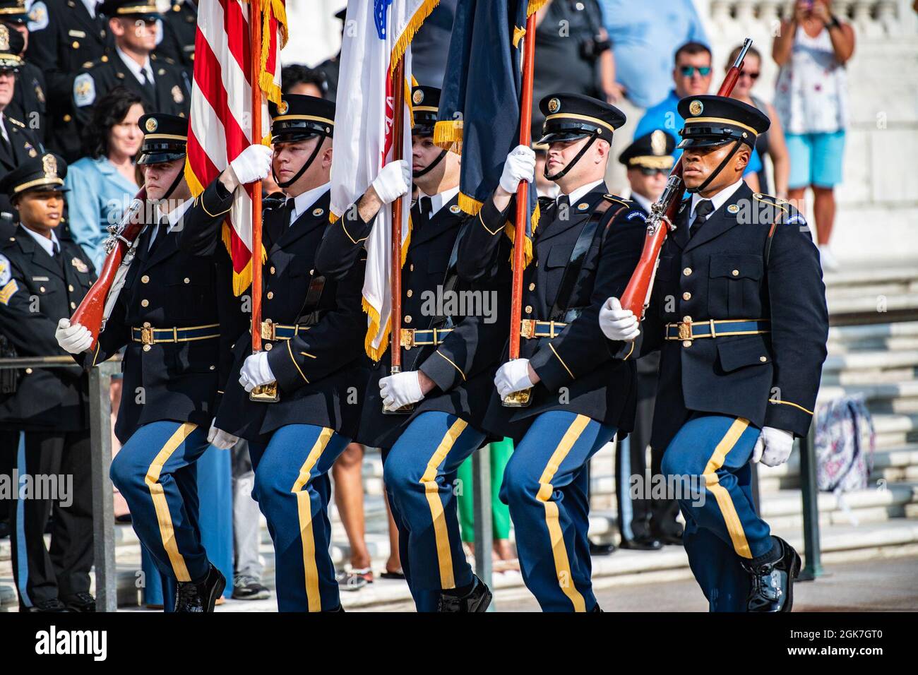 An Army color guard team supports an Army Full Honors Wreath-Laying Ceremony at the Tomb of the Unknown Soldier, Arlington National Cemetery, Arlington, Virginia, August 26th, 2021. The wreath was laid by U.S. Park Police Chief Pamela A. Smith. Stock Photo