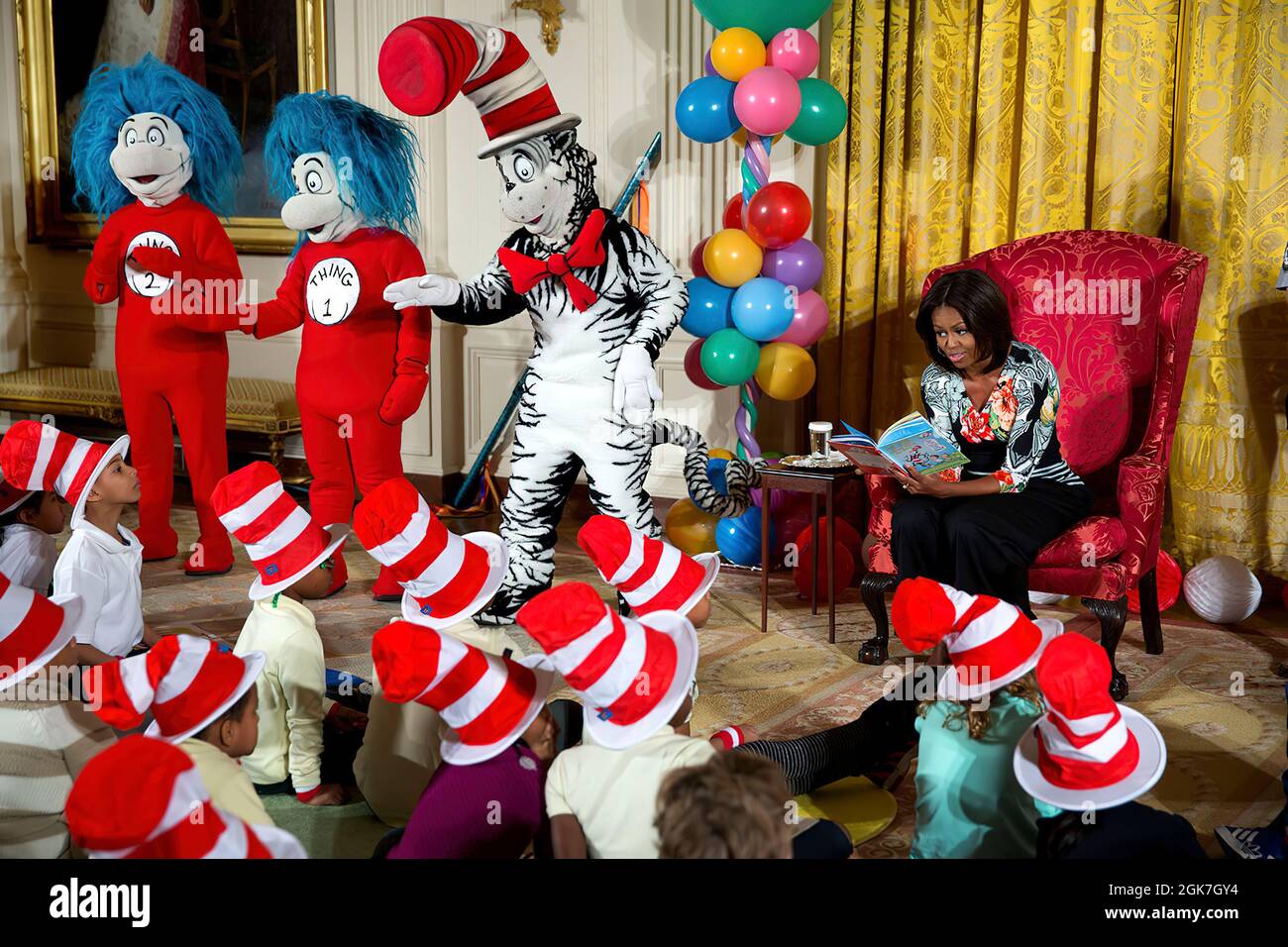 First Lady Michelle Obama hosts local students for a special reading of Dr. Seuss's  'Oh, The Things You Can Do That Are Good for You: All About Staying Healthy,' during a 'Let's Move!' event in the East Room of the White House, Jan. 21, 2015. (Official White House Photo by Lawrence Jackson) This official White House photograph is being made available only for publication by news organizations and/or for personal use printing by the subject(s) of the photograph. The photograph may not be manipulated in any way and may not be used in commercial or political materials, advertisements, emails, pr Stock Photo