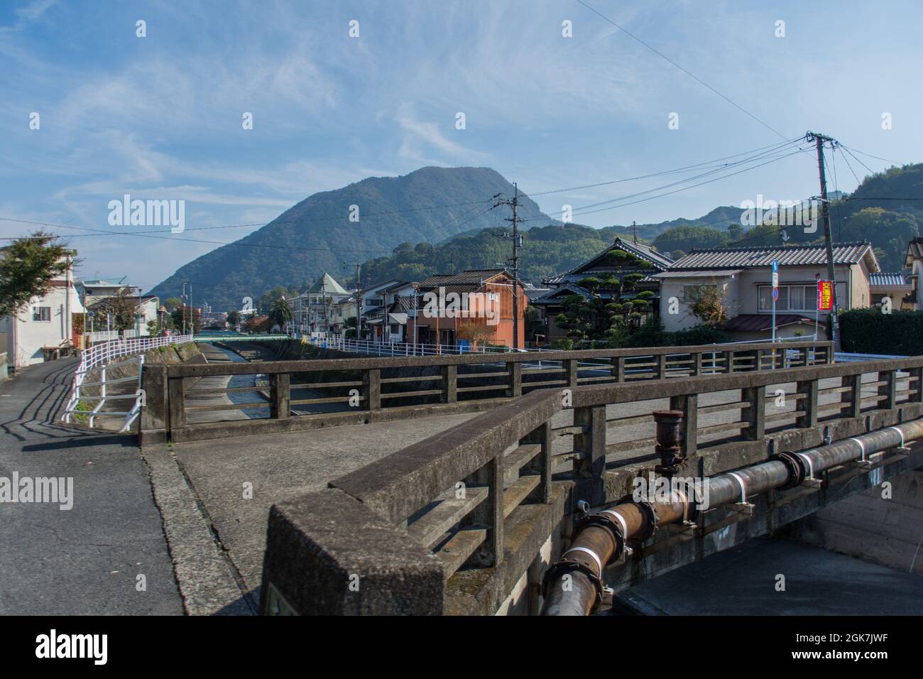 A bridge crossing towards the hills at Beppu, Oita Prefecture, Japan Stock Photo