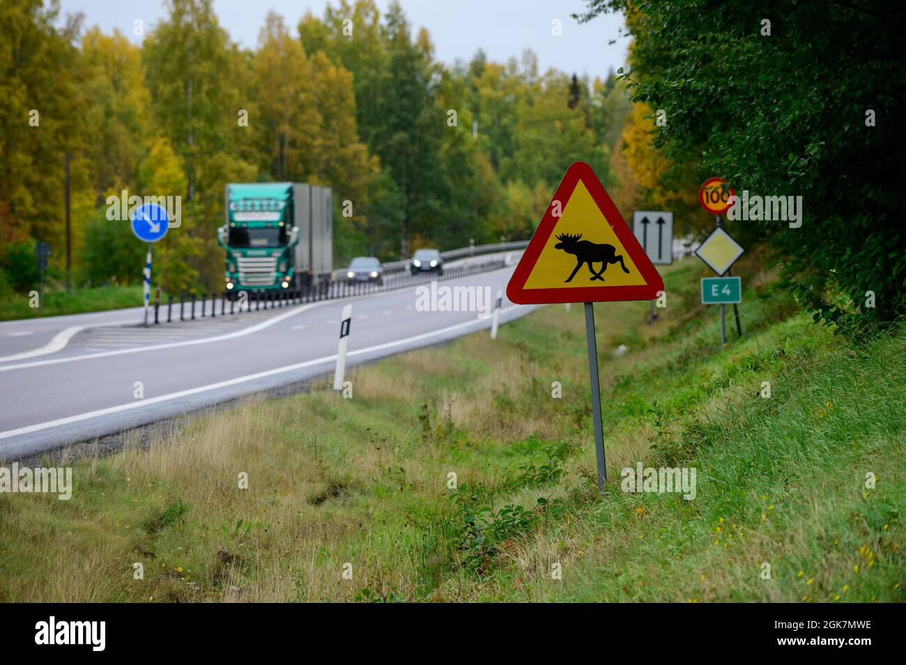 traffic sign warning for crossing moose on a motorway in Sweden Stock Photo
