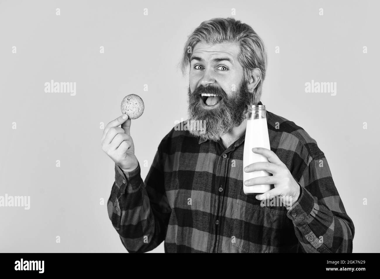 bearded man drink useful milk with pastry. The concept of healthy eating Organic farm products for Breakfast or lunch. milk and cookies. happy farmer Stock Photo