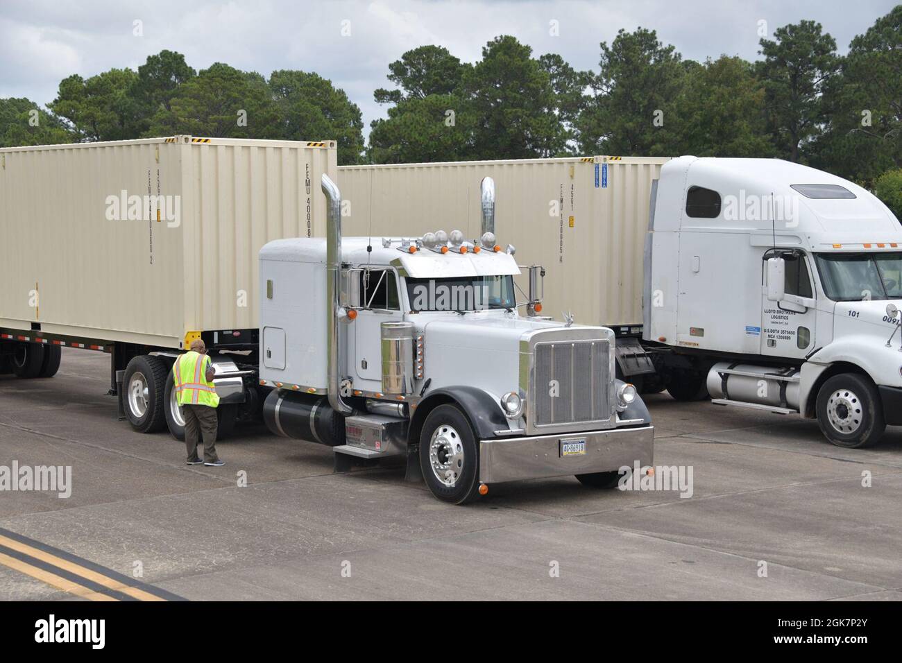 Trucks carrying supplies for the Federal Emergency Management Agency arrived to Maxwell Air Force Base, Alabama, Aug. 28, 2021. The installation is an Incident Support base to pre-position equipment and personnel to support areas that may be affected by Hurricane Ida. Stock Photo
