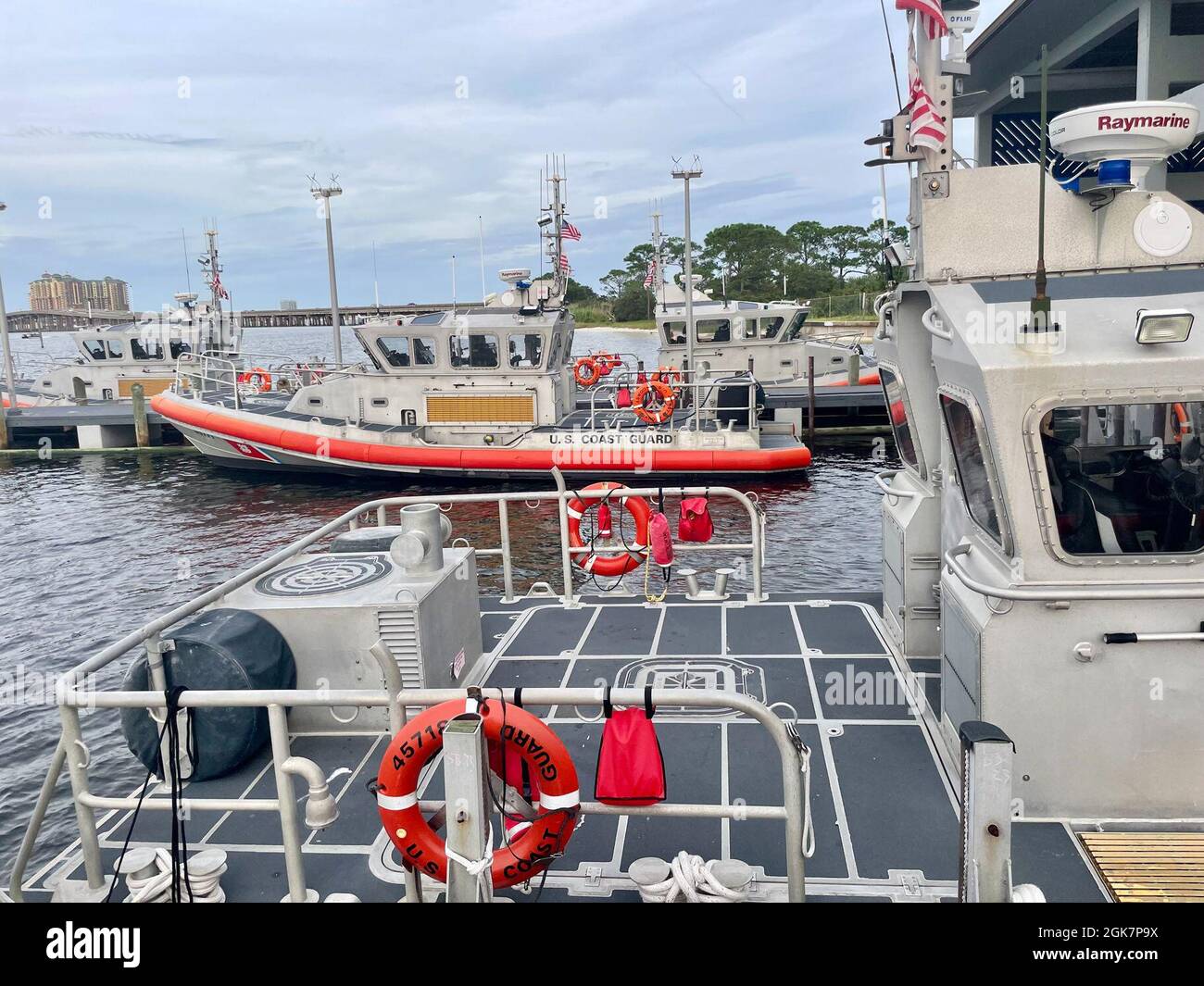 Crews stand by at U.S. Coast Guard Station Gulfport in Mississippi Aug. 28, 2021, ahead of significant regional weather. U.S. Coast Guard crews and assets are taking steps to prepare for Hurricane Ida. Stock Photo