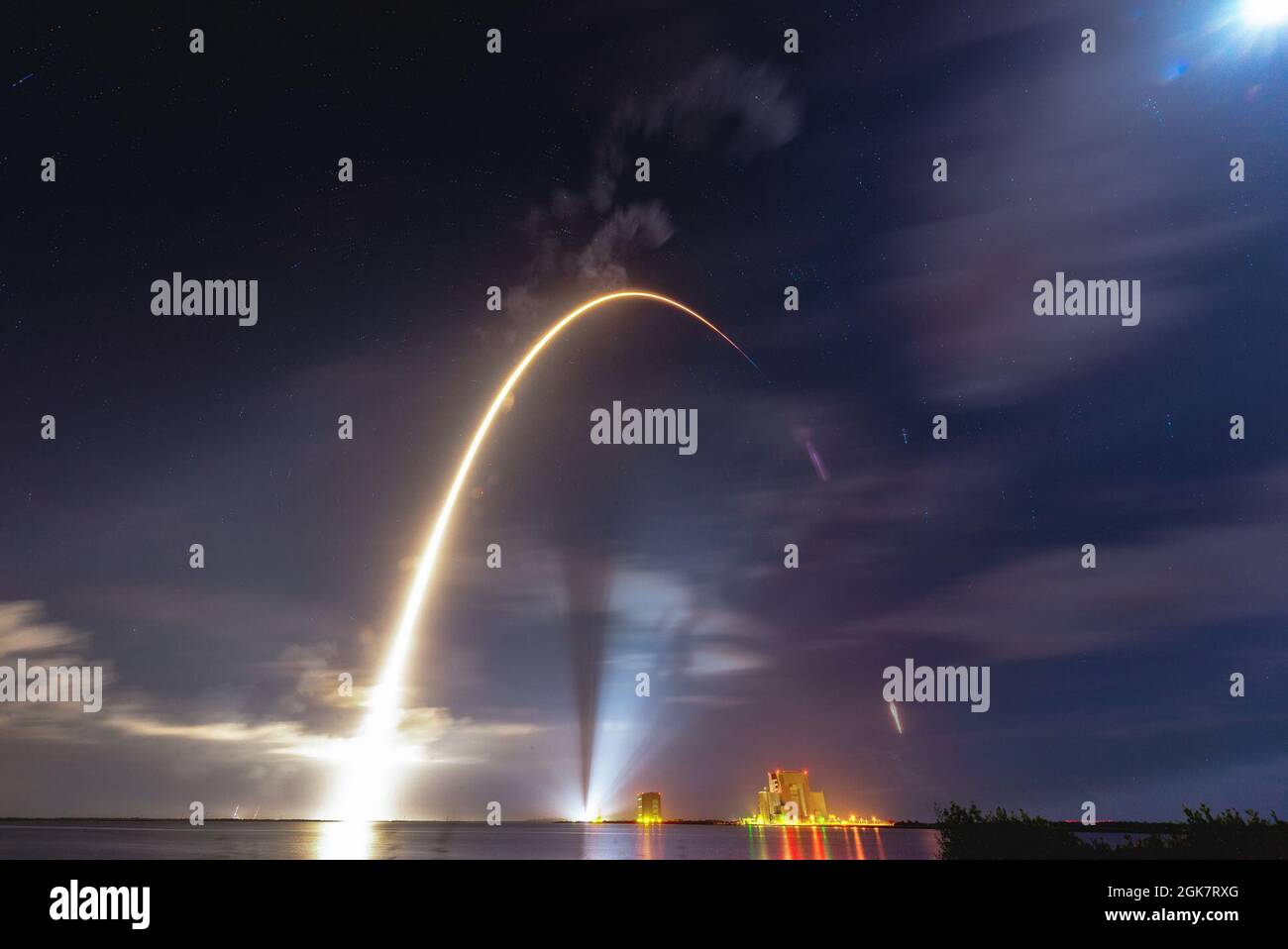 A SpaceX Falcon 9 rocket carrying NASA’s CRS-23 payload launches from Launch Complex 39A at Kennedy Space Center, Fla., August 29, 2021. The Dragon spacecraft carried approximately 4,800 pounds of crucial supplies and equipment, as well as more than a dozen payloads to the International Space Station. Stock Photo