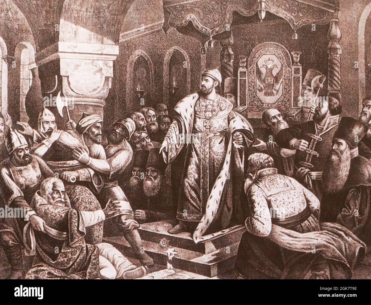 The Grand Duke of Moscow Ivan III tears apart the khan's letter demanding tribute. The engraving of the 19th century. Stock Photo