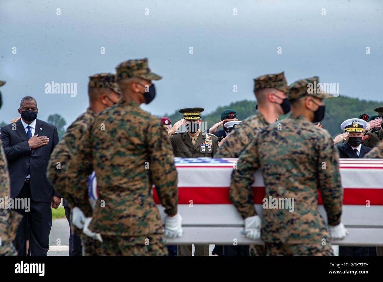 Marines with Alpha Company, Marine Barracks Washington, had the solemn and honorable duty to serve as the Dignified Transfer Team for the fallen Marines at Dover Air Force Base, Delaware. We ask that you keep these Marines, service members, and families in your thoughts and prayers. Semper Fidelis.    We will always remember the following service members who gave the ultimate sacrifice on Aug. 26 in Kabul, Afghanistan:    Staff Sgt. Ryan C. Knauss, 23, USA; Staff Sgt. Darin T. Hoover, 31, USMC; Sgt. Nicole L. Gee, 23, USMC; Sgt. Johanny Rosario Pichardo 25, USMC; Cpl. Humberto A. Sanchez, 22, Stock Photo