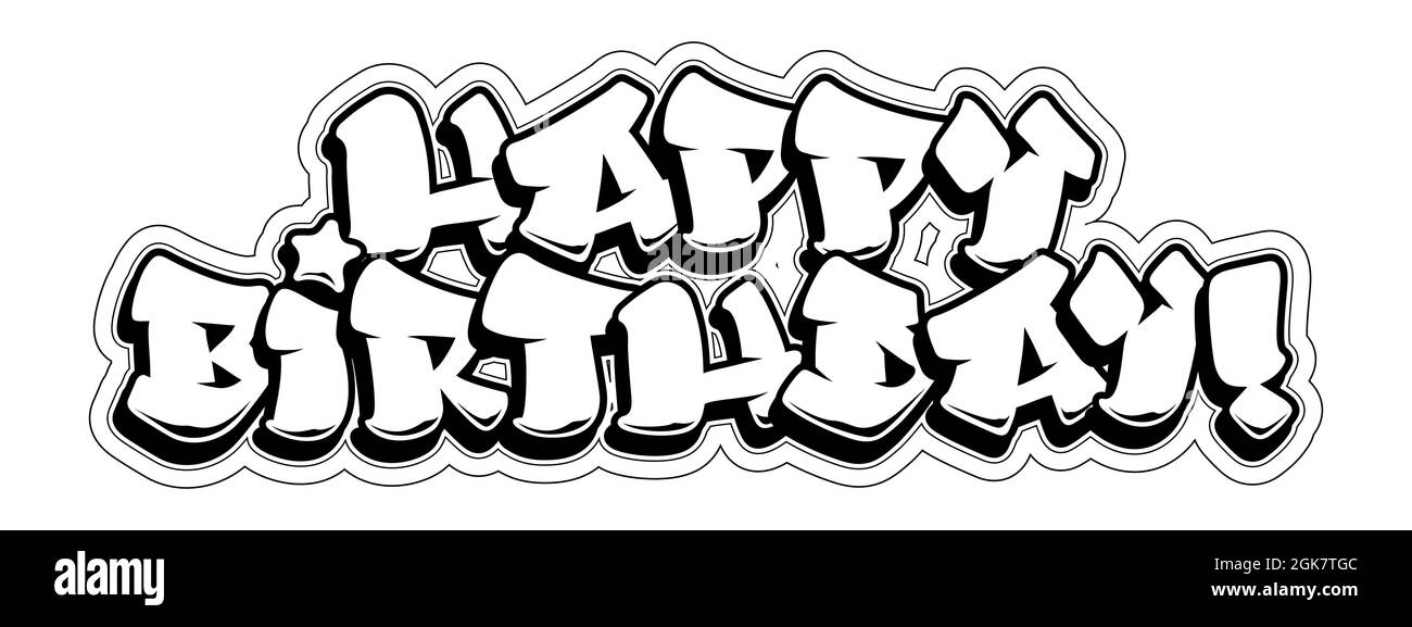 Happy birthday congratulation card. Readable graffiti style text. Black line isolated on white background. Stock Vector