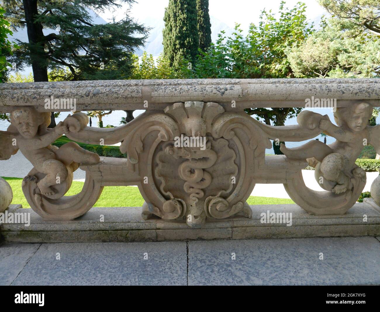 Ornate balustrade of Villa Del Balbianello, Lake Como, Italy. Stock Photo