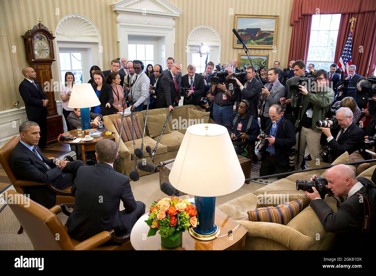 President Barack Obama and European Council President Donald Tusk deliver statements to the press prior to a bilateral meeting in the Oval Office, March 9, 2015. Official White House Photo by Pete Souza) This official White House photograph is being made available only for publication by news organizations and/or for personal use printing by the subject(s) of the photograph. The photograph may not be manipulated in any way and may not be used in commercial or political materials, advertisements, emails, products, promotions that in any way suggests approval or endorsement of the President, the Stock Photo