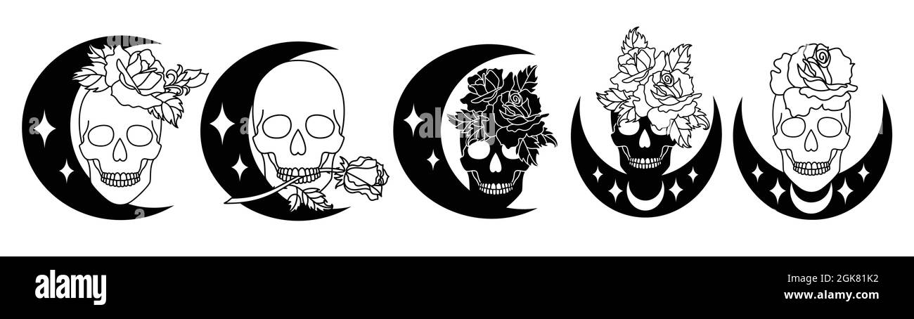 Set of skulls with a rose in a line art style. Stock Vector
