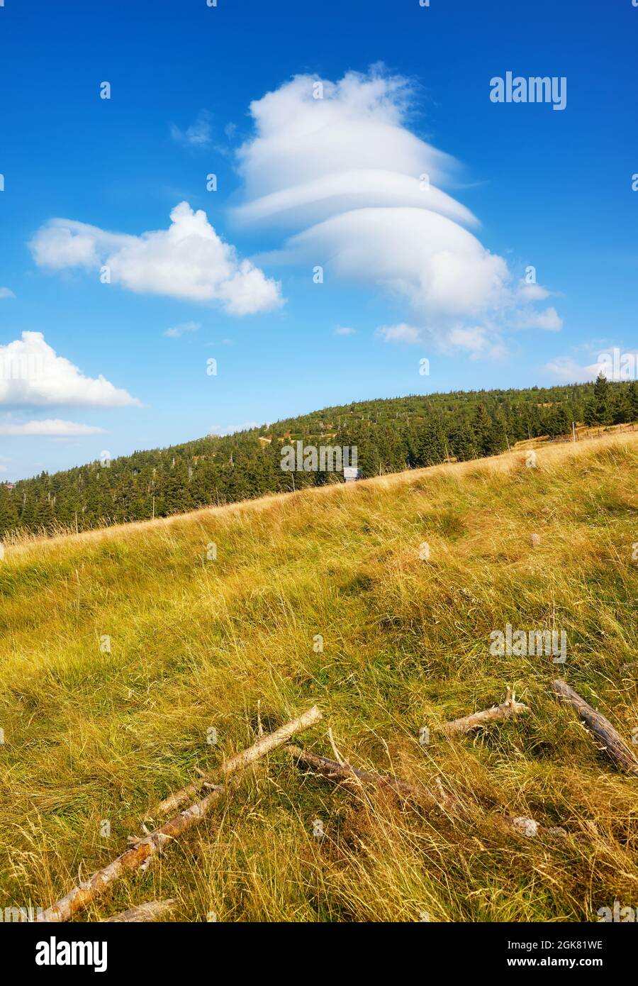 Scenic clouds over Karkonosze Mountains, Karkonosze National Park, Poland. Stock Photo