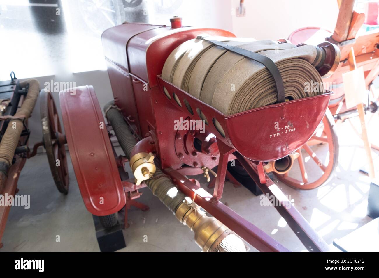 Saku, Estonia - 08.20.2020:  Display in the fire museum. Vintage fire extinguishing equipment. Firefighting history Stock Photo