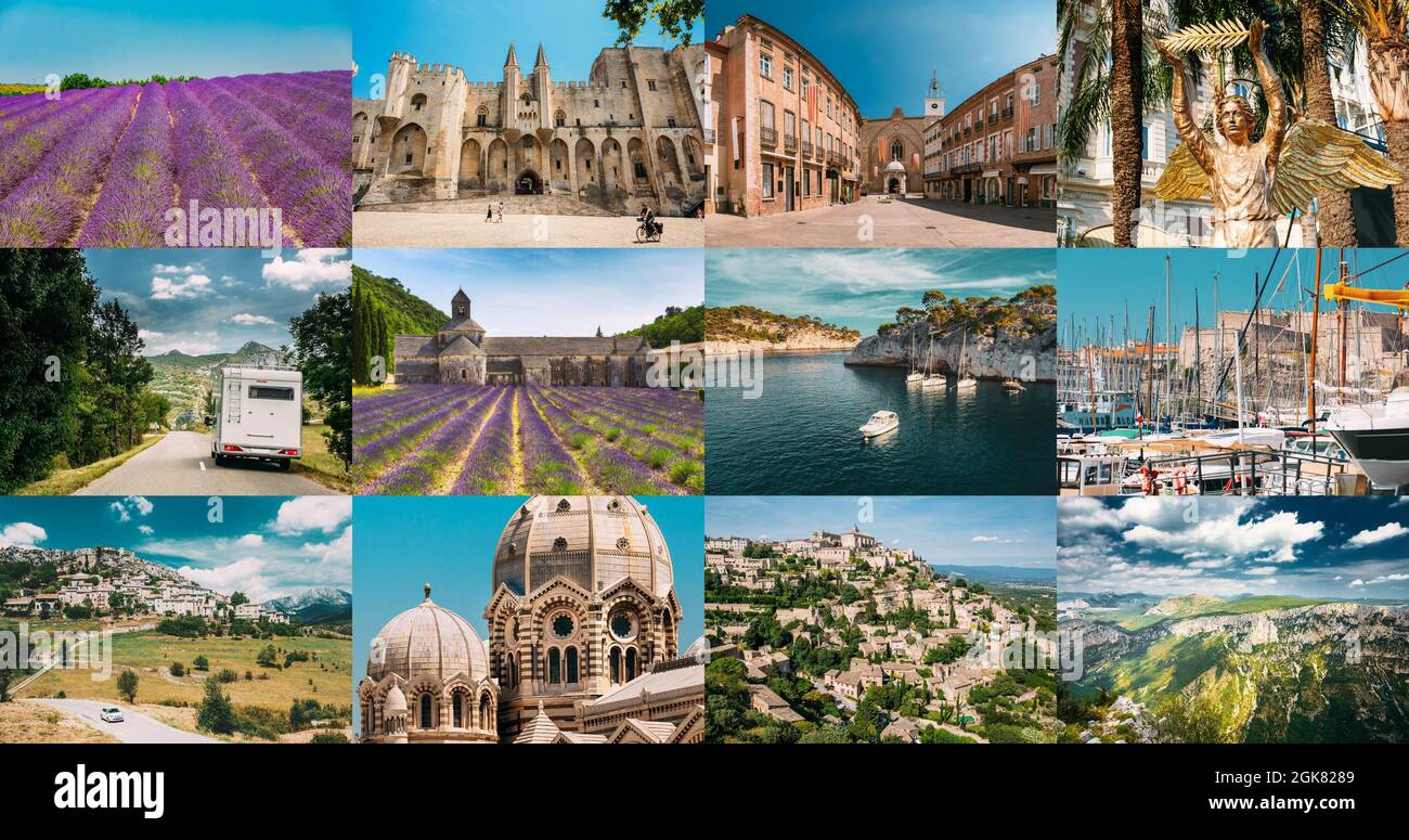 Travel Photos Set Bunch Pack France. Provence, Avignon, Cote De Azur, Nice, Perpignan, Marseille, Trigance, Verdon. Famous Popular Places And Stock Photo