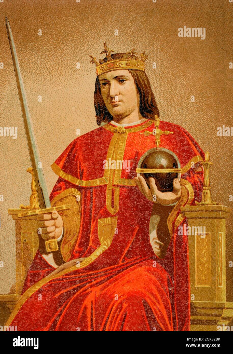 Ferdinand III of León and Castile, called the Saint (1199/1201-1252). King of Castile between 1217-1252 and King of León between 1230-1252. He unified the kingdoms of León and Castile. Chromolithography. Detail. Historia General de España (General History of Spain), by Miguel de Morayta. Volume II. Madrid, 1889. Stock Photo