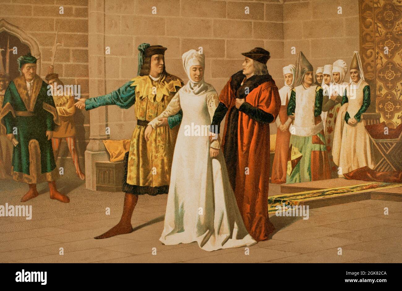 Constance of Aragon (1318-1346). Infanta of Aragon and queen consort of Majorca (1325-1346) by her marriage to James III of Majorca (1315-1349). Prison of the last queen of Majorca. Representation of the arrest of Constance, sister of her captors, retained by her husband, King James III. Illustration after the painting by Nicasio Serret. Chromolithography. Historia General de España (General History of Spain), by Miguel Morayta. Volume II. Madrid, 1889. Stock Photo