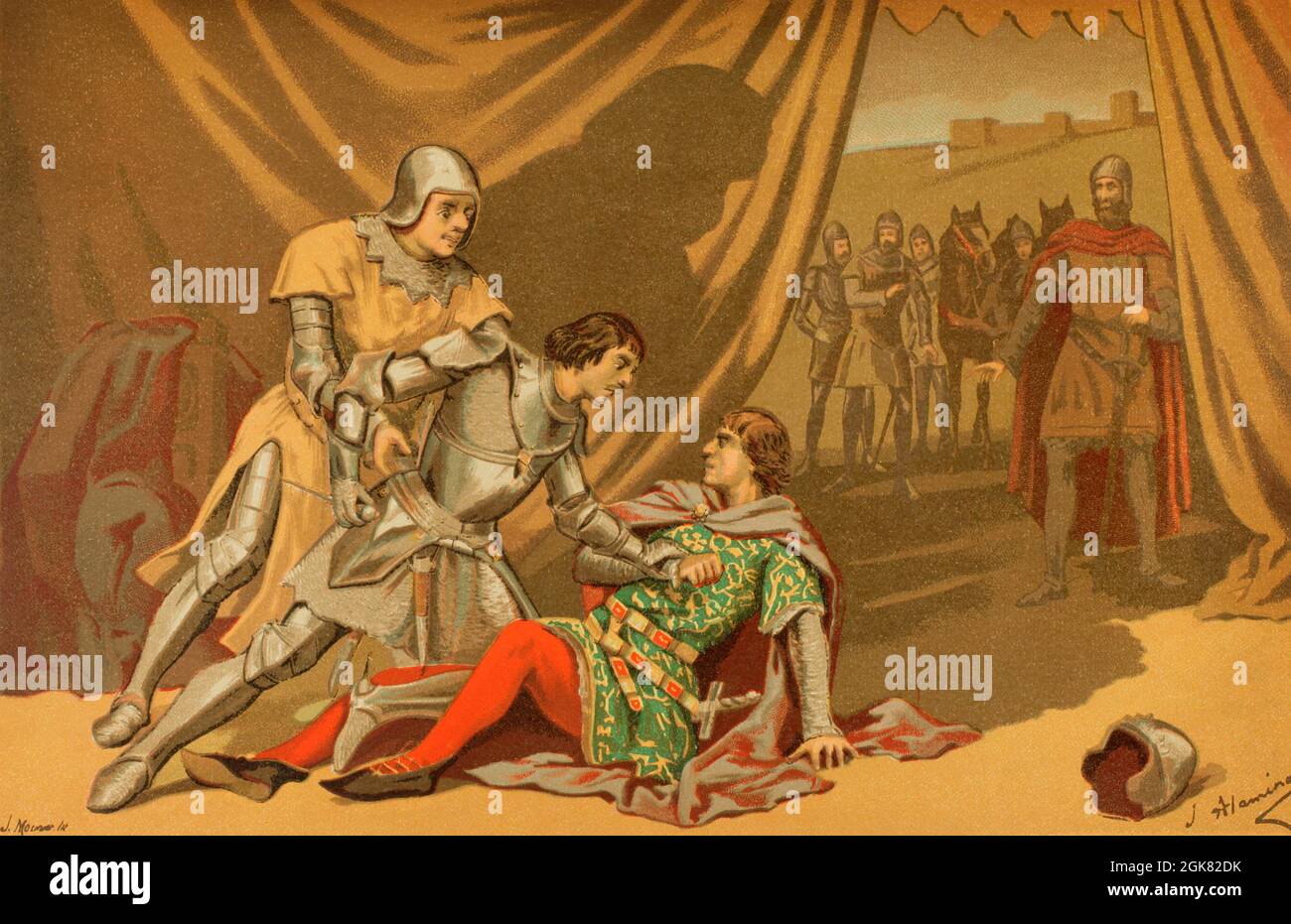 Peter I of Castile (1334-1369) called the Cruel or the Just. King of Castile from 1350 to 1369. Death of Peter the Cruel. Moment when Beltrán Duguesclín holds the king to allow his stepbrother, Enrique de Trastámara, to stab him. Illustration by J. Alaminos. Chromolithography. Historia General de España (General History of Spain), by Miguel Morayta. Volume II. Madrid, 1889. Stock Photo