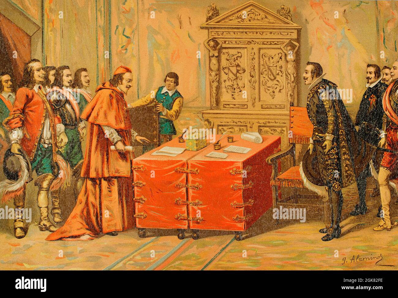 Modern Age. Conferences on Pheasant Island that took place between August and November 1659. The Spanish nobleman Luis Méndez de Haro and Jules Raymond Mazarin, known as Cardinal Mazarin, represented Spain and France respectively during a total of 23 meetings, negotiating the conditions that led to the treaty of peace (Treaty of the Pyrenees), signed on November 7, 1659. This treaty established the border between the two countries and end the war between both nations. Illustration by J. Alaminos. Chromolithography. Historia General de España (General History of Spain), by Miguel Morayta. Volum Stock Photo