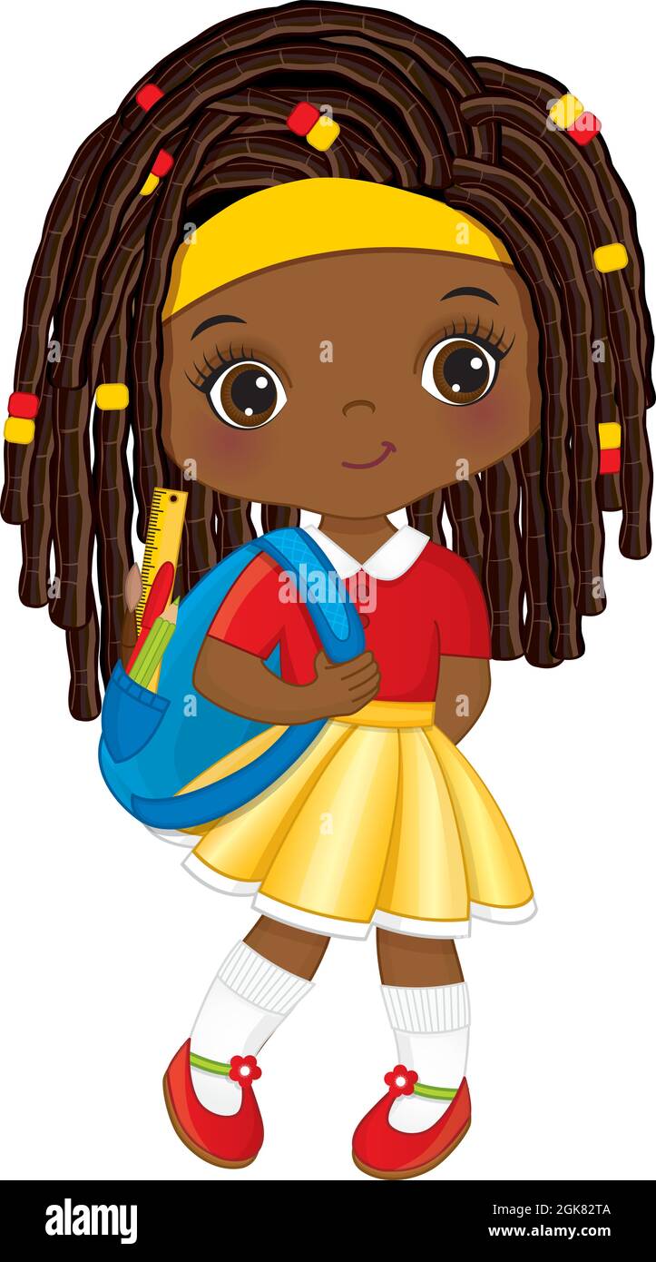Cute Little School African American Girl Holding Rucksack with Accessories.  Vector Cute School Black Girl Stock Vector Image & Art - Alamy