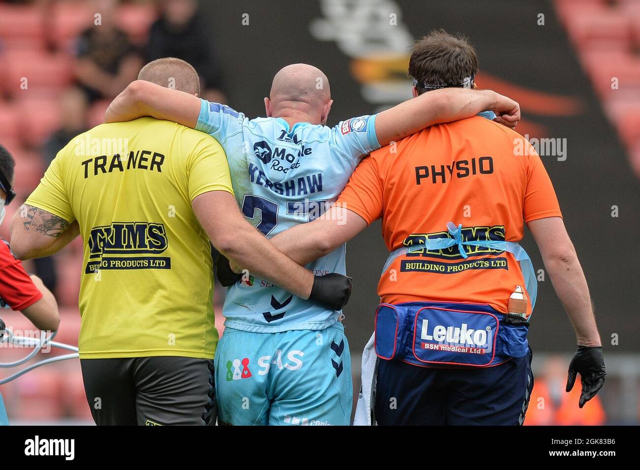 Leigh, England 11 September 2021 Wakefield Trinity's Lee Kershaw leaves the pitch with