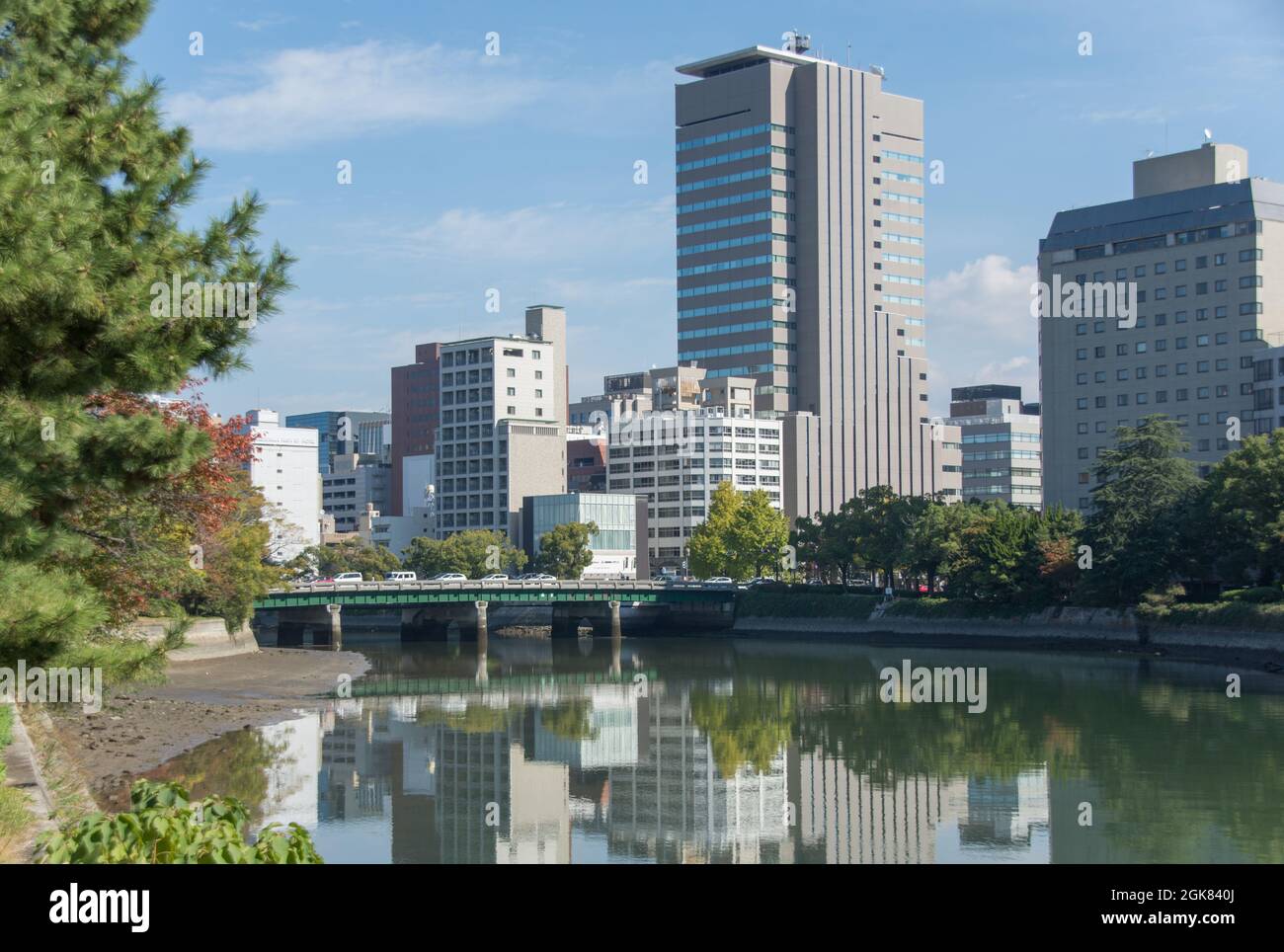 The Cityscape at Hiroshima, reflected in the Ota River, Japan Stock Photo