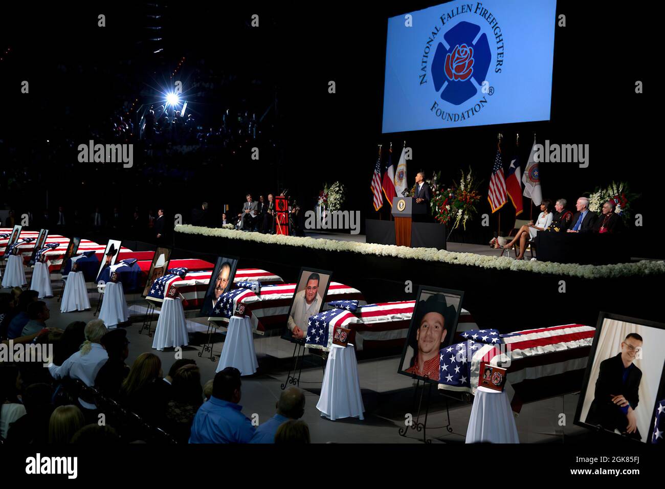 April 25, 2013'The President and First Lady attend a memorial service in Waco, Texas, for the firefighters and first responders who died at a fertilizer plant explosion the week before In West, Texas. A day that began with laughter at the Bush Presidential Library ended in tears as the Obamas also met privately with the families who lost loved ones.'   (Official White House Photo by Pete Souza)  This official White House photograph is being made available only for publication by news organizations and/or for personal use printing by the subject(s) of the photograph. The photograph may not be m Stock Photo