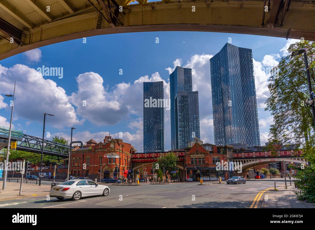 View of contemporary city architecture from Deansgate, Manchester, Lancashire, England, United Kingdom, Europe Stock Photo