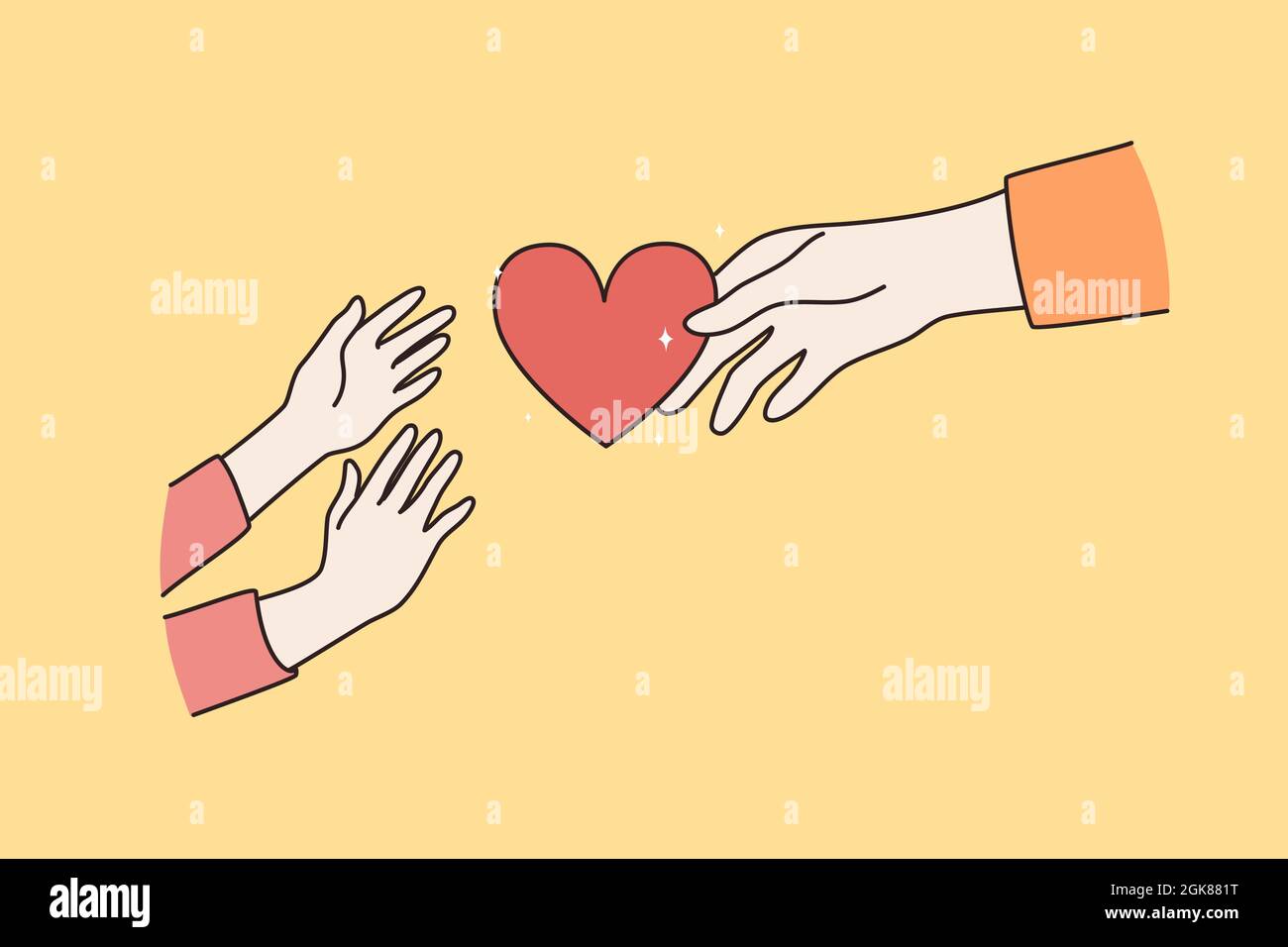 Taking care and parent child love concept. Hands of adult person giving red heart to childish hands reaching for it over yellow background vector illustration  Stock Vector